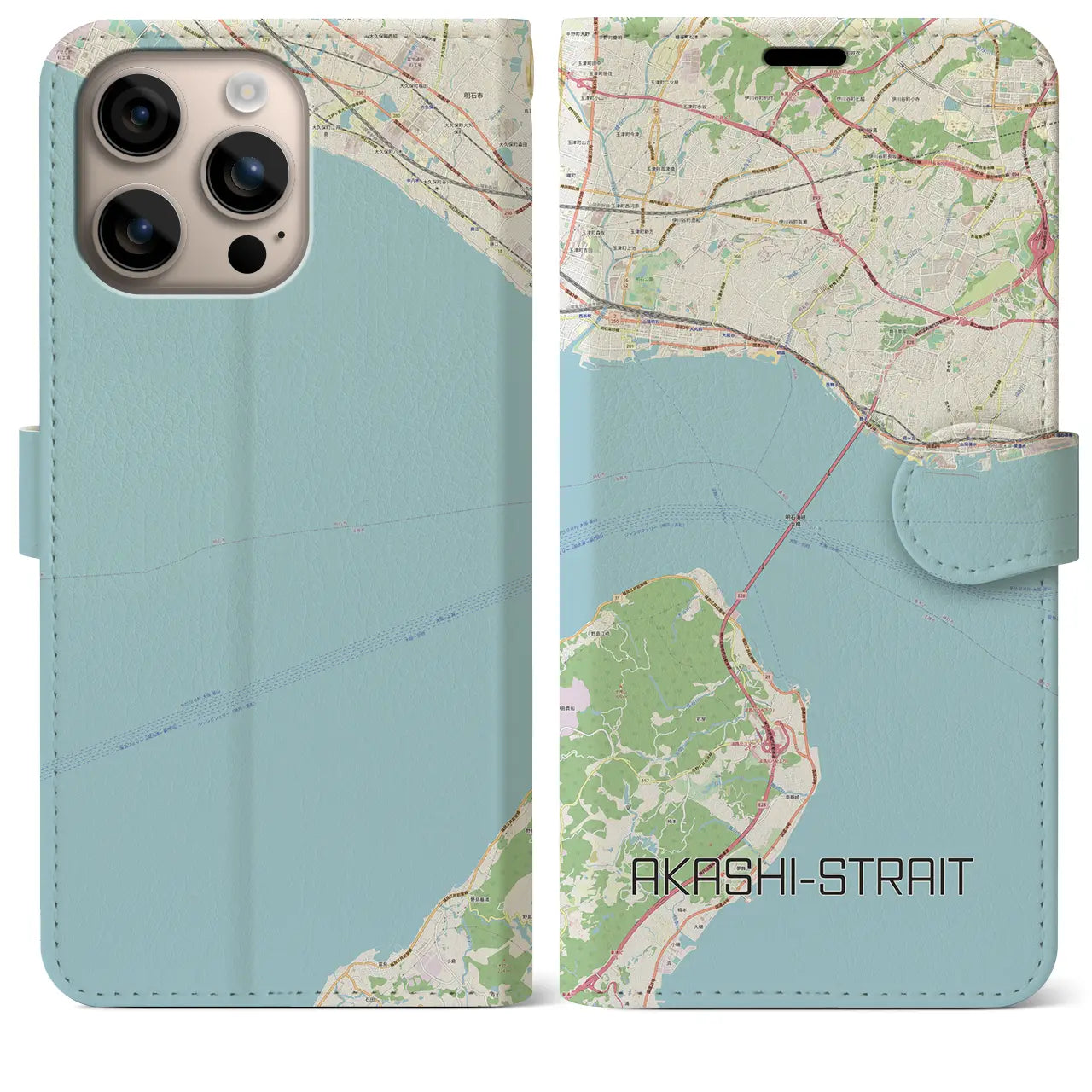 【明石海峡(兵庫県)】地図柄iPhoneケース(手帳タイプ)ナチュラル・iPhone 16 Plus 用
