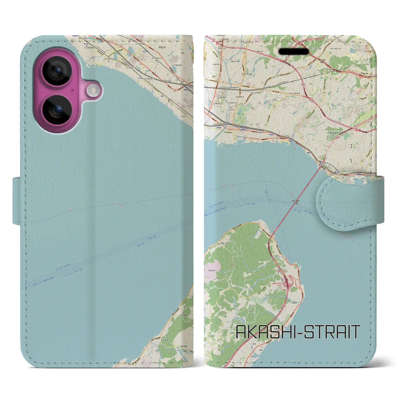 【明石海峡(兵庫県)】地図柄iPhoneケース(手帳タイプ)ナチュラル・iPhone 16 Pro 用