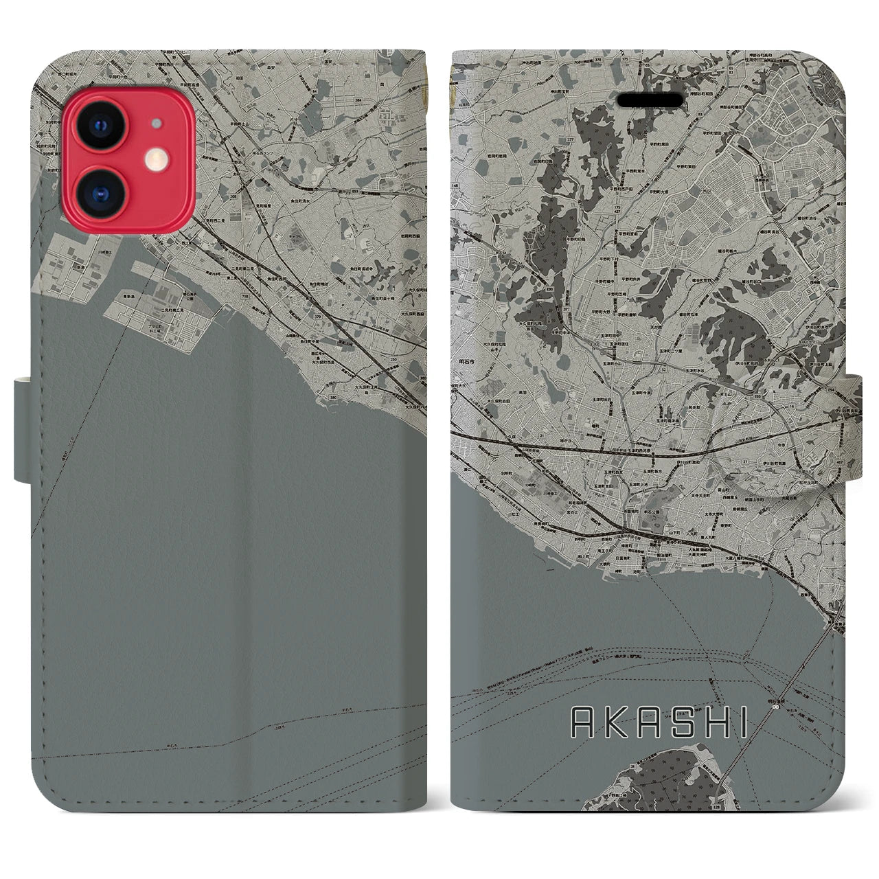 【明石(兵庫県)】地図柄iPhoneケース(手帳タイプ)モノトーン・iPhone 11 用