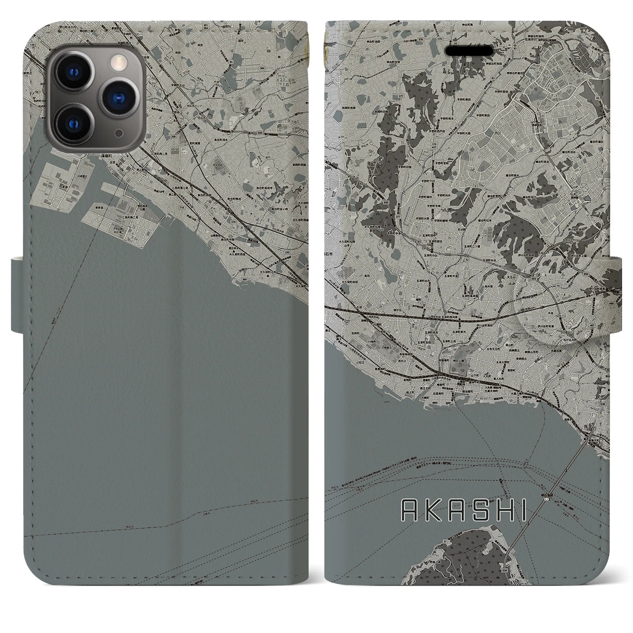 【明石(兵庫県)】地図柄iPhoneケース(手帳タイプ)モノトーン・iPhone 11 Pro Max 用