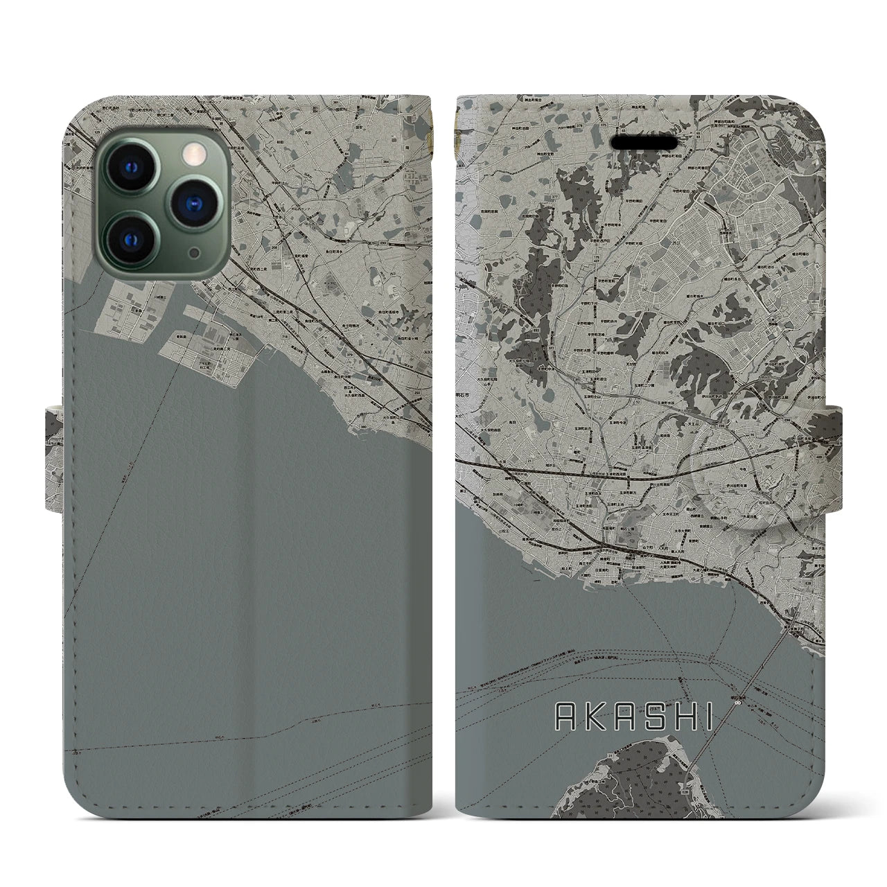 【明石(兵庫県)】地図柄iPhoneケース(手帳タイプ)モノトーン・iPhone 11 Pro 用