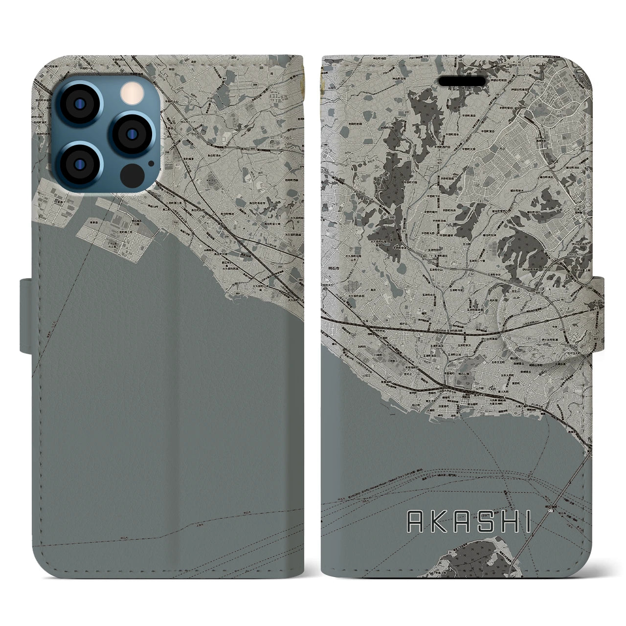 【明石(兵庫県)】地図柄iPhoneケース(手帳タイプ)モノトーン・iPhone 12 / 12 Pro 用