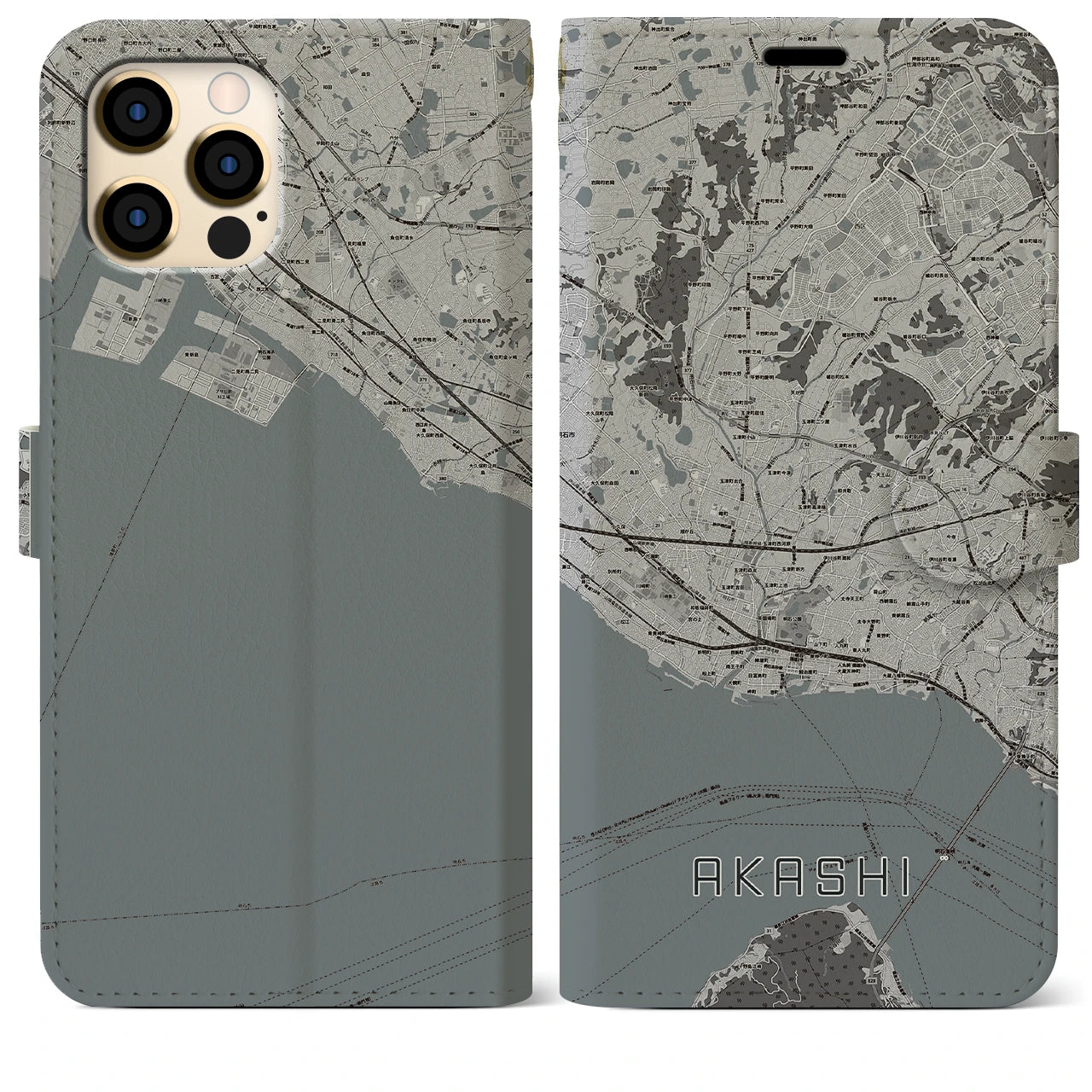 【明石(兵庫県)】地図柄iPhoneケース(手帳タイプ)モノトーン・iPhone 12 Pro Max 用