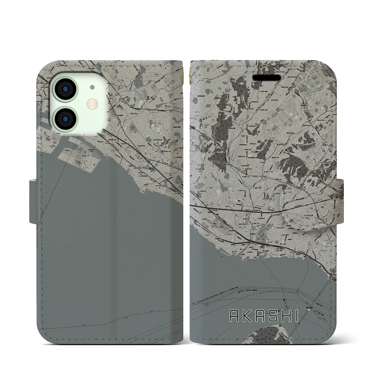 【明石(兵庫県)】地図柄iPhoneケース(手帳タイプ)モノトーン・iPhone 12 mini 用