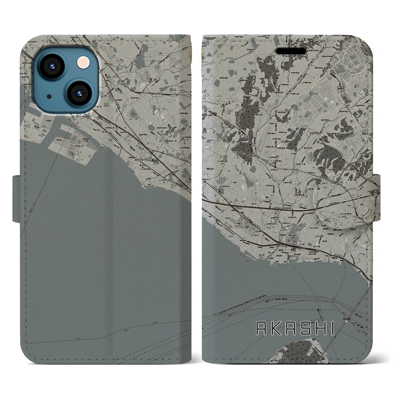 【明石(兵庫県)】地図柄iPhoneケース(手帳タイプ)モノトーン・iPhone 13 用