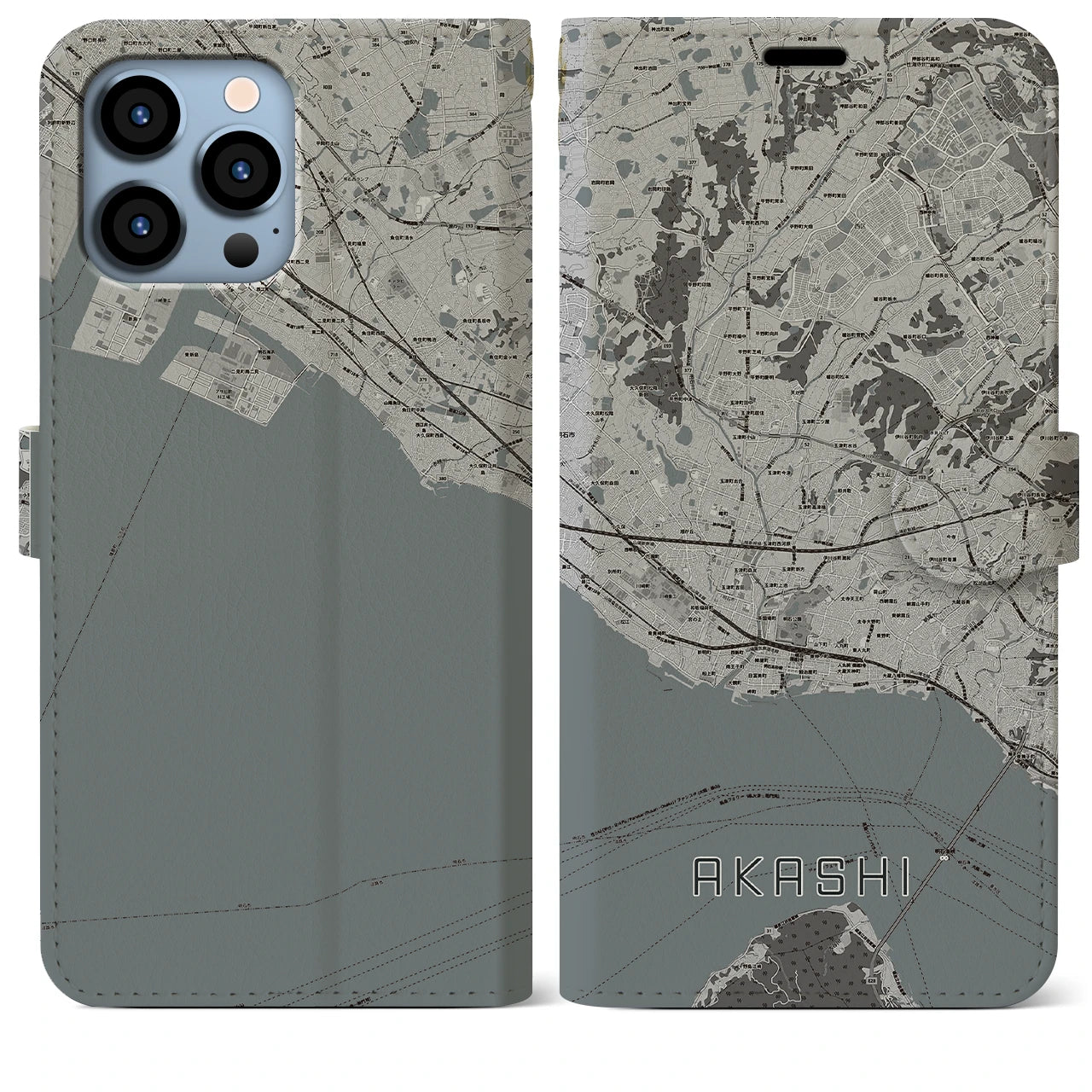 【明石(兵庫県)】地図柄iPhoneケース(手帳タイプ)モノトーン・iPhone 13 Pro Max 用
