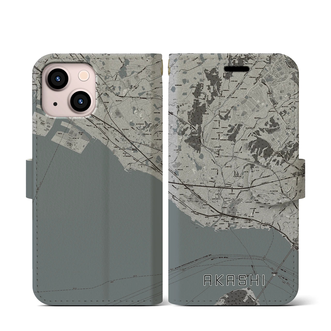 【明石(兵庫県)】地図柄iPhoneケース(手帳タイプ)モノトーン・iPhone 13 mini 用