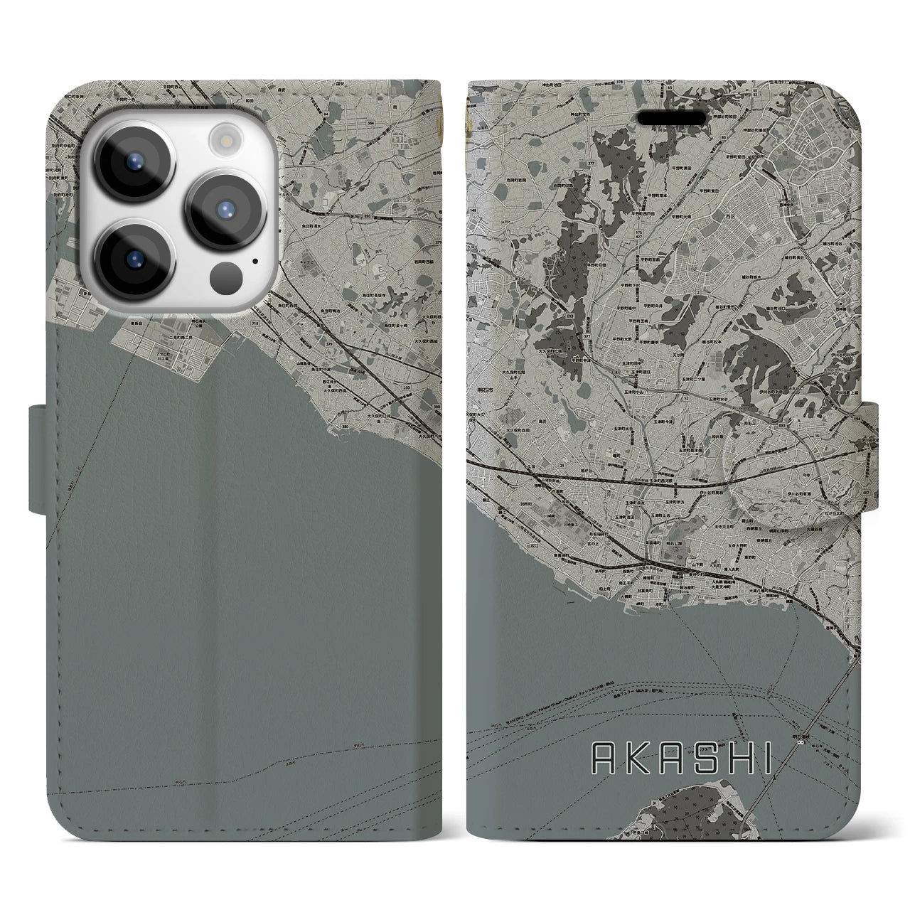 【明石(兵庫県)】地図柄iPhoneケース(手帳タイプ)モノトーン・iPhone 14 Pro 用
