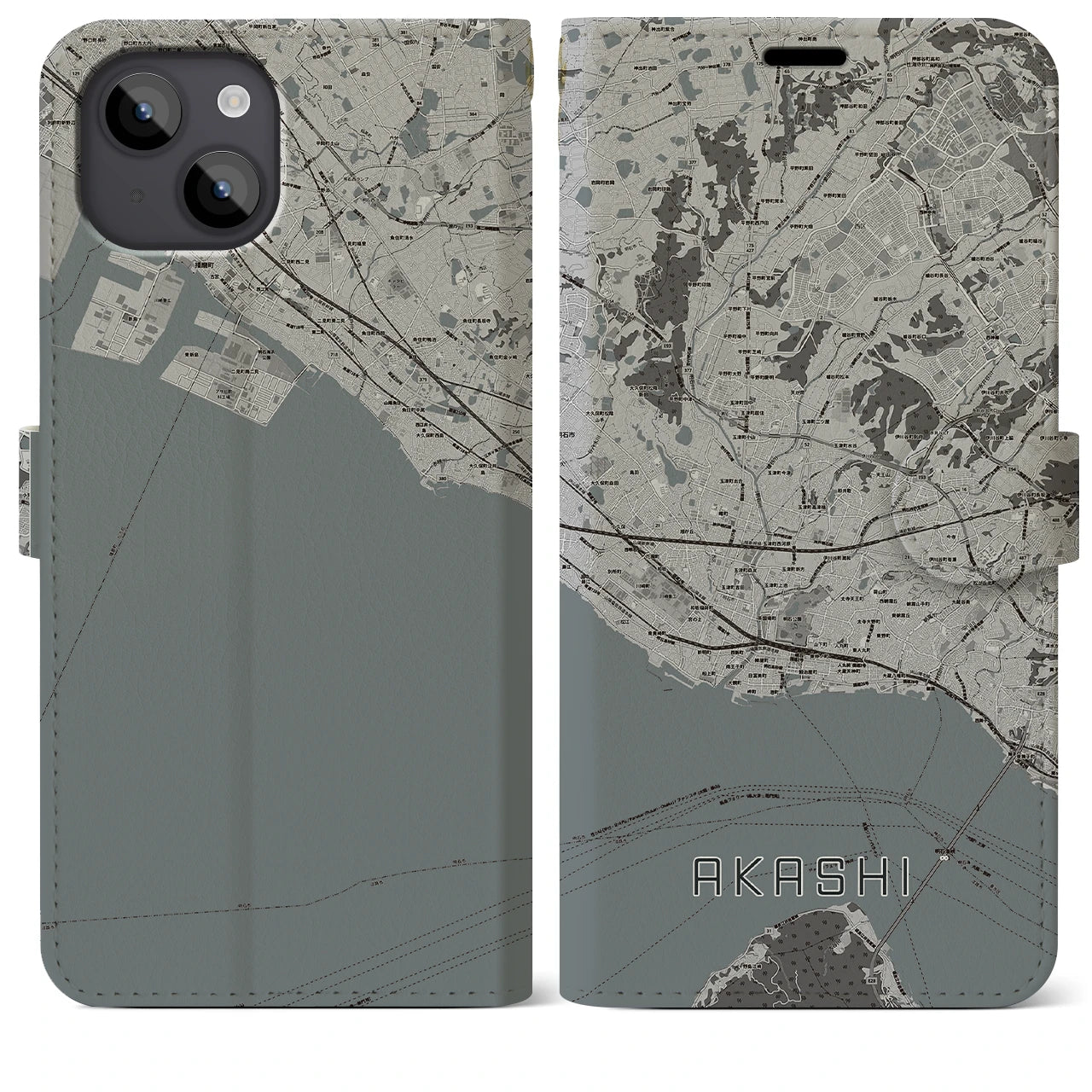 【明石(兵庫県)】地図柄iPhoneケース(手帳タイプ)モノトーン・iPhone 14 Plus 用