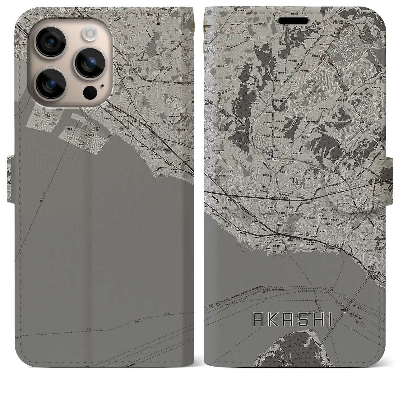 【明石(兵庫県)】地図柄iPhoneケース(手帳タイプ)モノトーン・iPhone 16 Plus 用