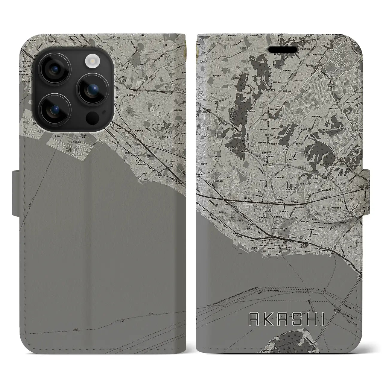 【明石(兵庫県)】地図柄iPhoneケース(手帳タイプ)モノトーン・iPhone 16 用
