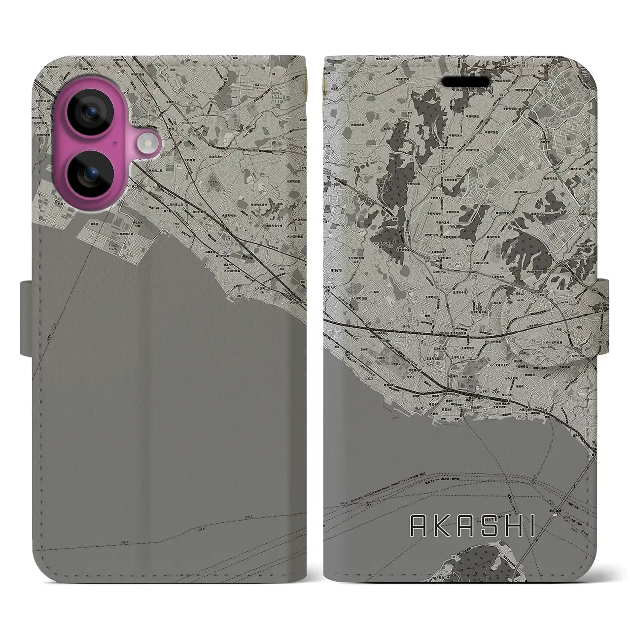【明石(兵庫県)】地図柄iPhoneケース(手帳タイプ)モノトーン・iPhone 16 Pro 用