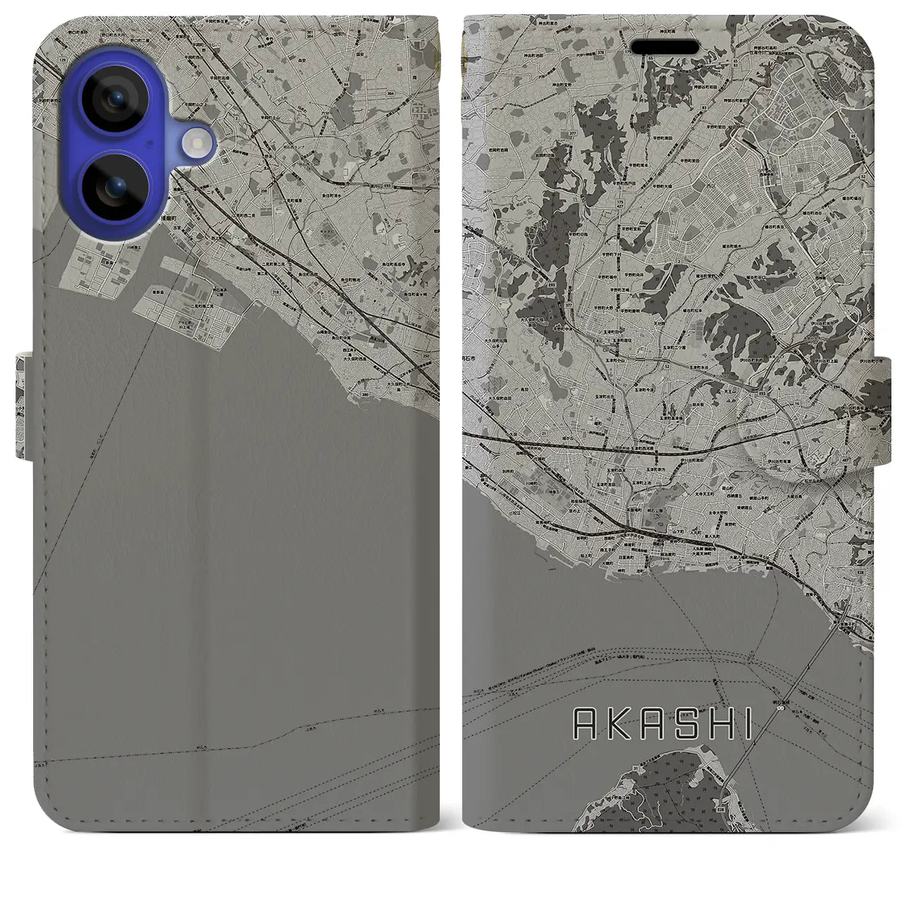 【明石(兵庫県)】地図柄iPhoneケース(手帳タイプ)モノトーン・iPhone 16 Pro Max 用