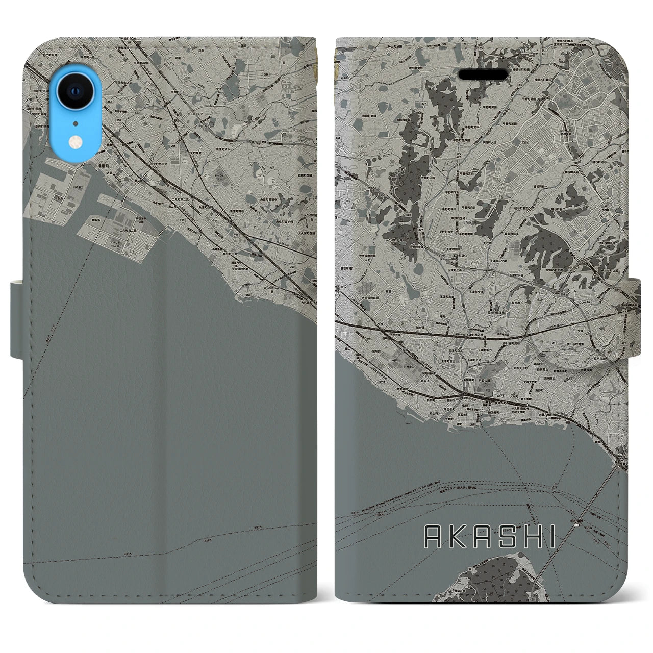 【明石(兵庫県)】地図柄iPhoneケース(手帳タイプ)モノトーン・iPhone XR 用