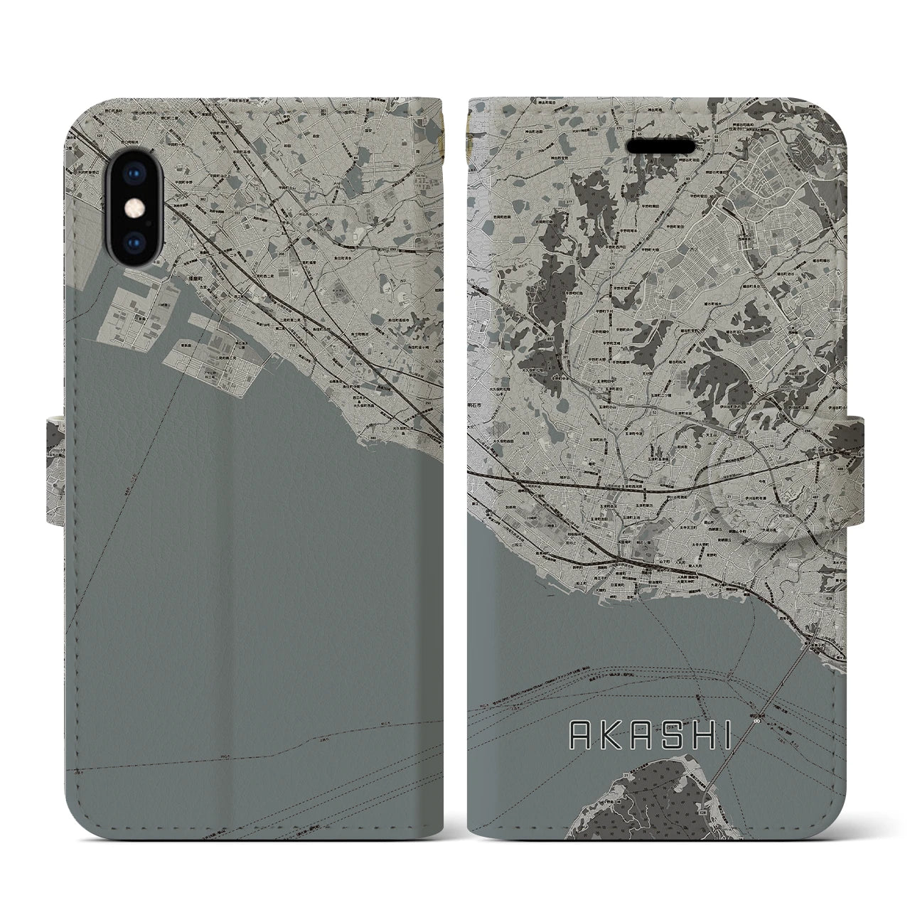 【明石(兵庫県)】地図柄iPhoneケース(手帳タイプ)モノトーン・iPhone XS / X 用