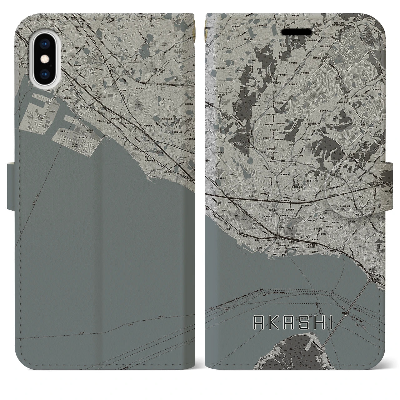 【明石(兵庫県)】地図柄iPhoneケース(手帳タイプ)モノトーン・iPhone XS Max 用