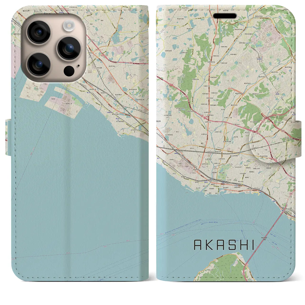 【明石(兵庫県)】地図柄iPhoneケース(手帳タイプ)ナチュラル・iPhone 16 Plus 用