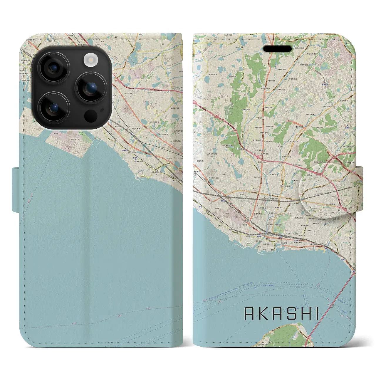 【明石(兵庫県)】地図柄iPhoneケース(手帳タイプ)ナチュラル・iPhone 16 用