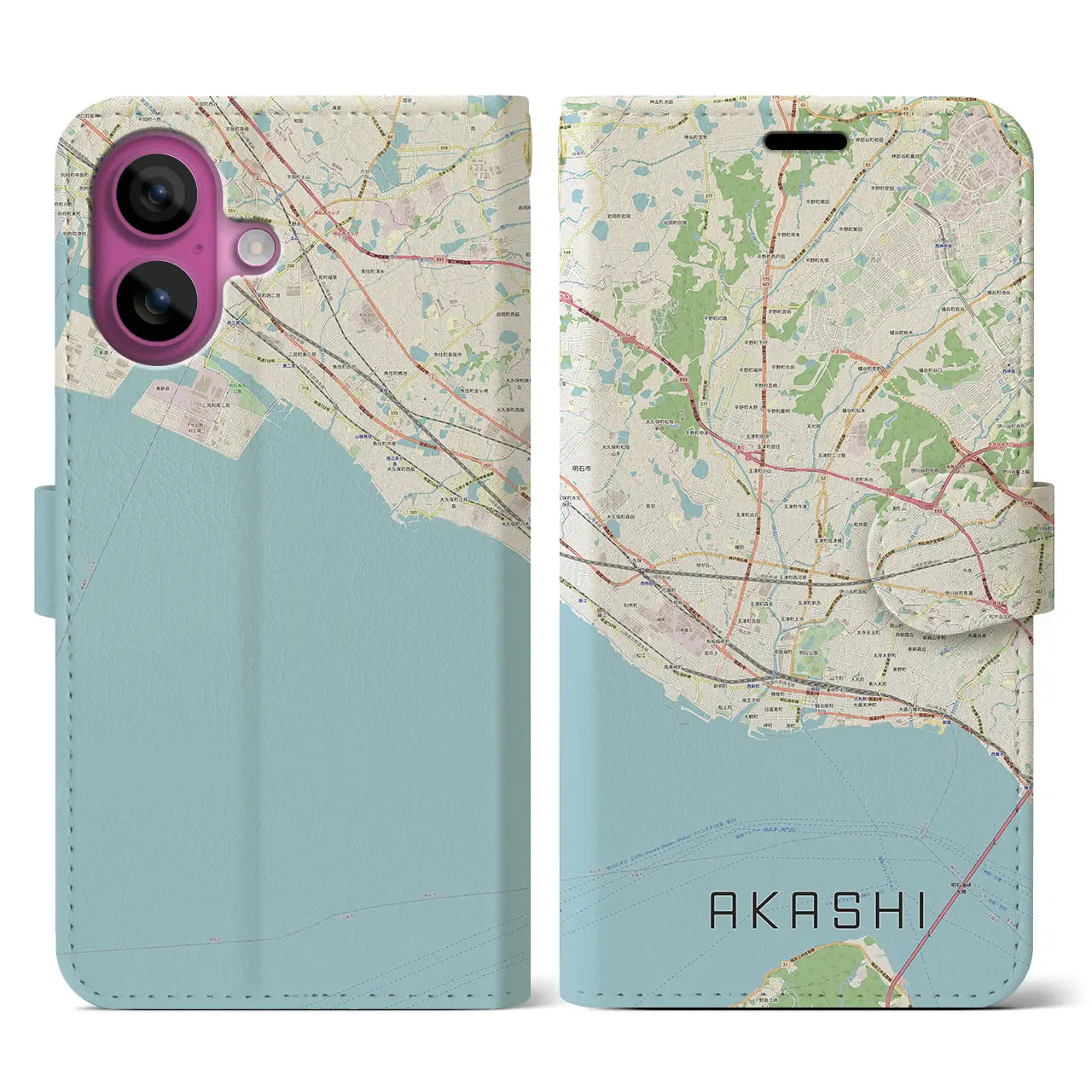 【明石(兵庫県)】地図柄iPhoneケース(手帳タイプ)ナチュラル・iPhone 16 Pro 用