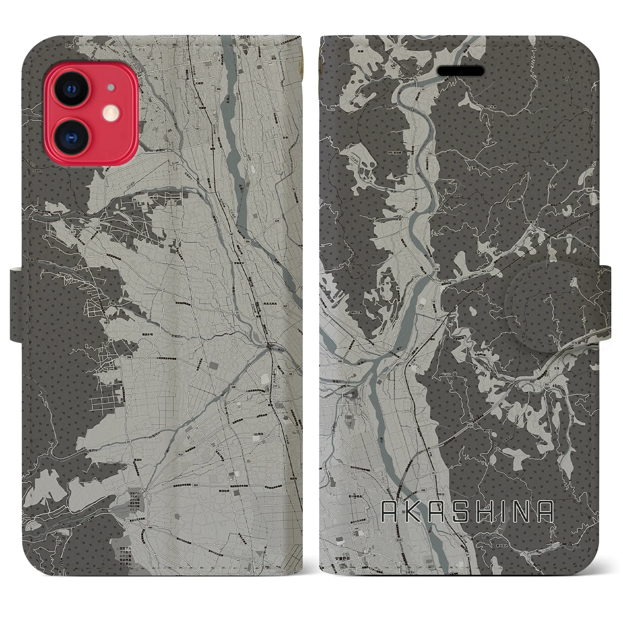 【明科(長野県)】地図柄iPhoneケース(手帳タイプ)モノトーン・iPhone 11 用