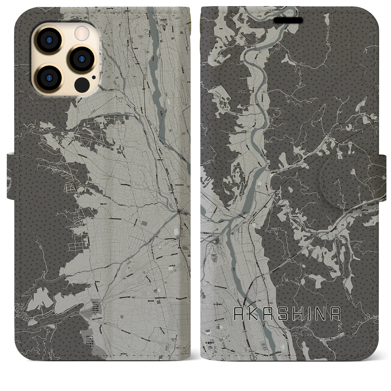 【明科(長野県)】地図柄iPhoneケース(手帳タイプ)モノトーン・iPhone 12 Pro Max 用