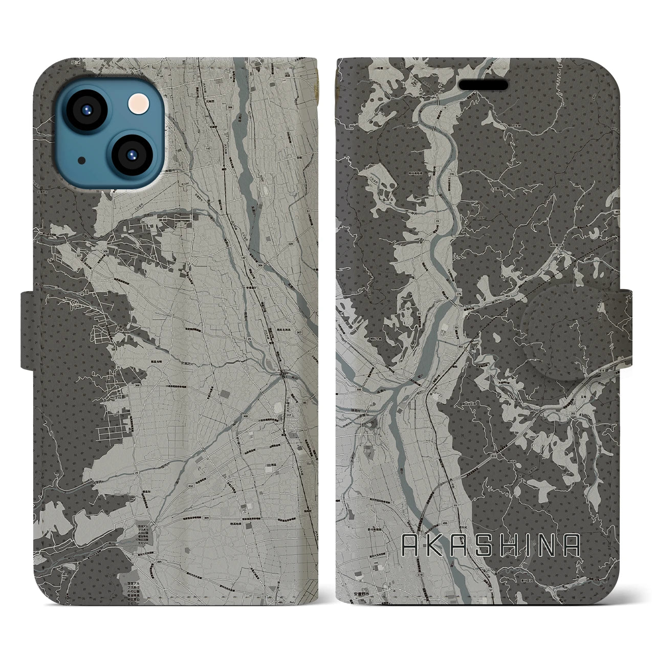 【明科(長野県)】地図柄iPhoneケース(手帳タイプ)モノトーン・iPhone 13 用