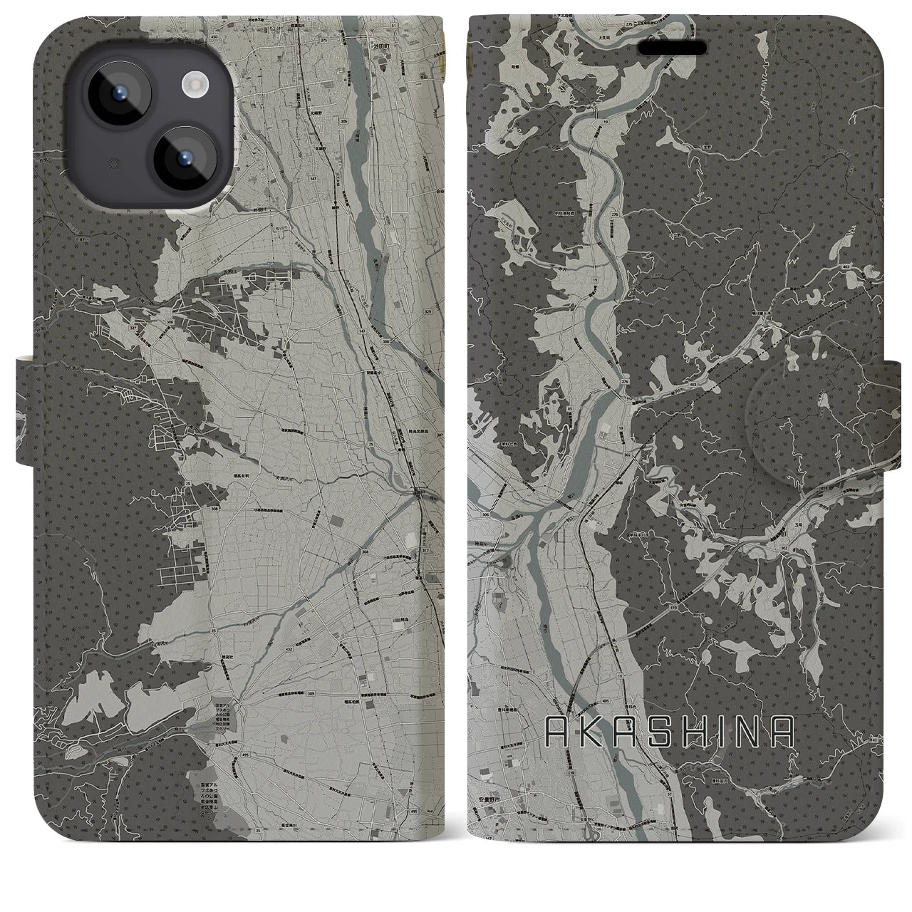 【明科(長野県)】地図柄iPhoneケース(手帳タイプ)モノトーン・iPhone 14 Plus 用