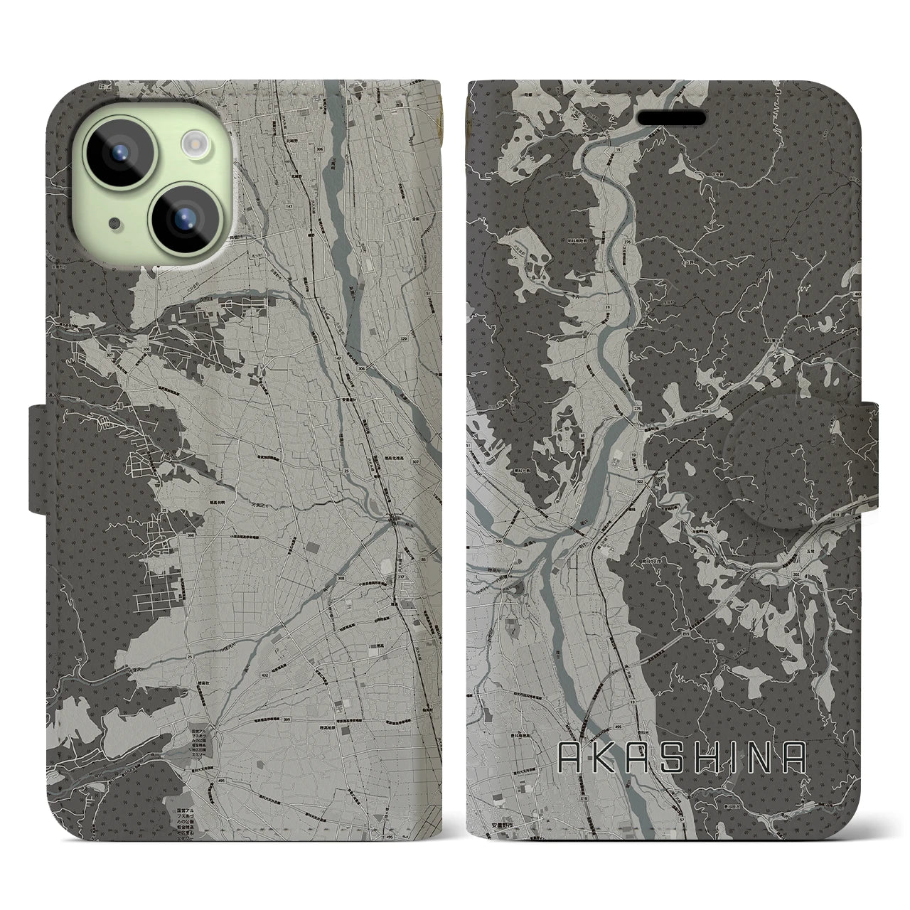 【明科(長野県)】地図柄iPhoneケース(手帳タイプ)モノトーン・iPhone 15 用