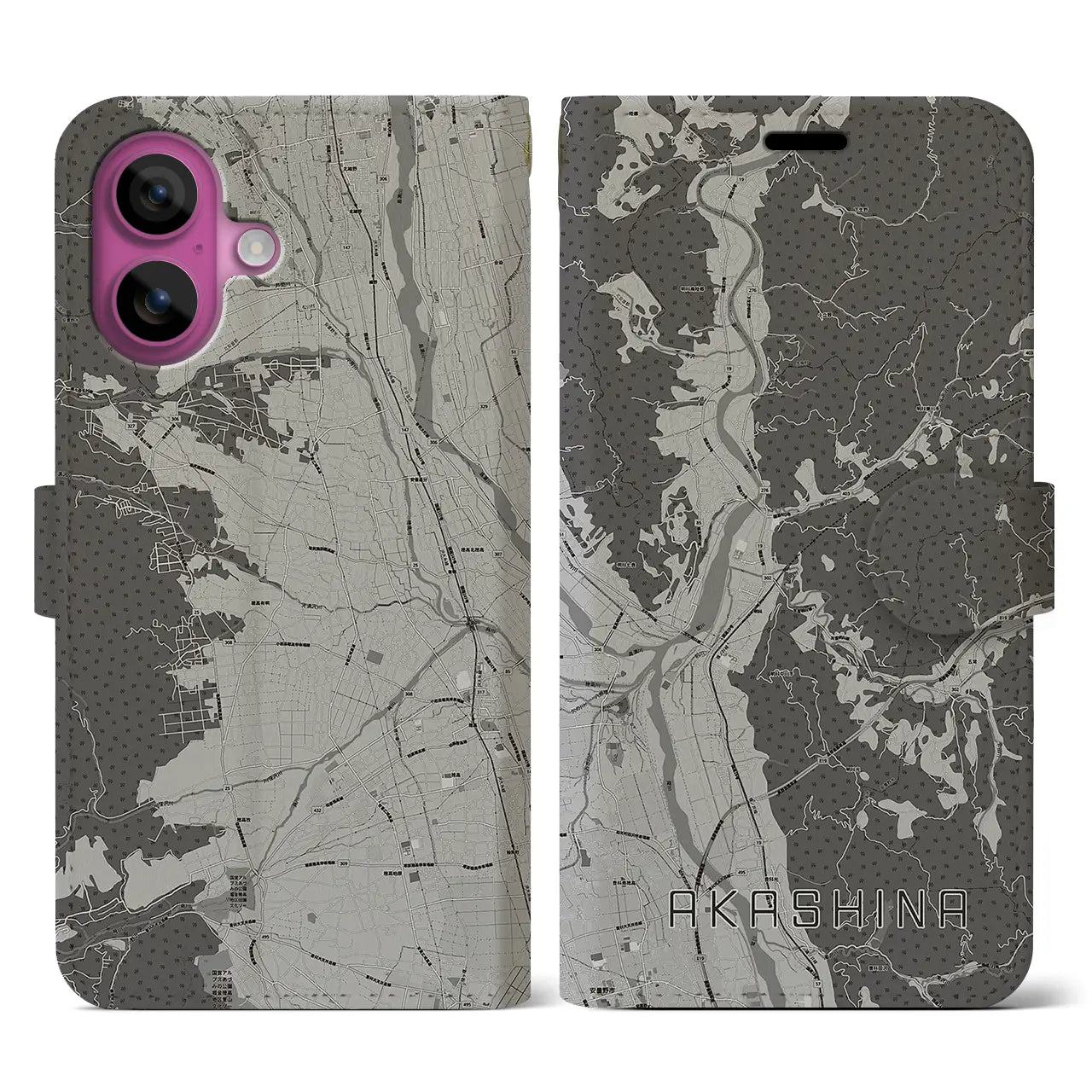 【明科(長野県)】地図柄iPhoneケース(手帳タイプ)モノトーン・iPhone 16 Pro 用