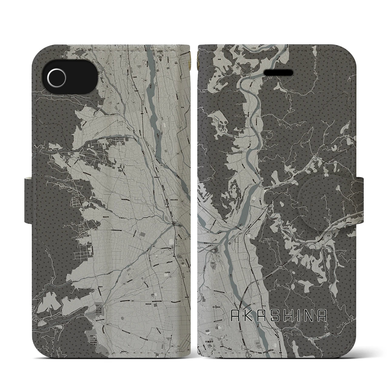 【明科(長野県)】地図柄iPhoneケース(手帳タイプ)モノトーン・iPhone SE(第3 / 第2世代) / 8 / 7 / 6s / 6 用
