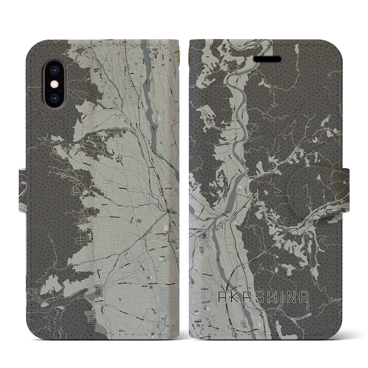 【明科(長野県)】地図柄iPhoneケース(手帳タイプ)モノトーン・iPhone XS / X 用