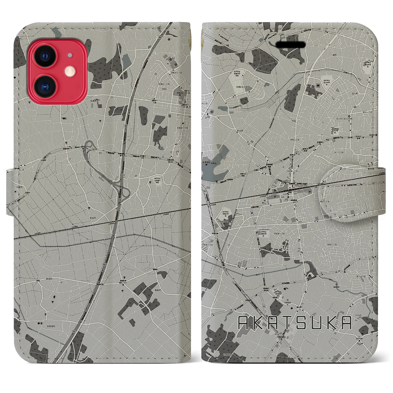 【赤塚(茨城県)】地図柄iPhoneケース(手帳タイプ)モノトーン・iPhone 11 用