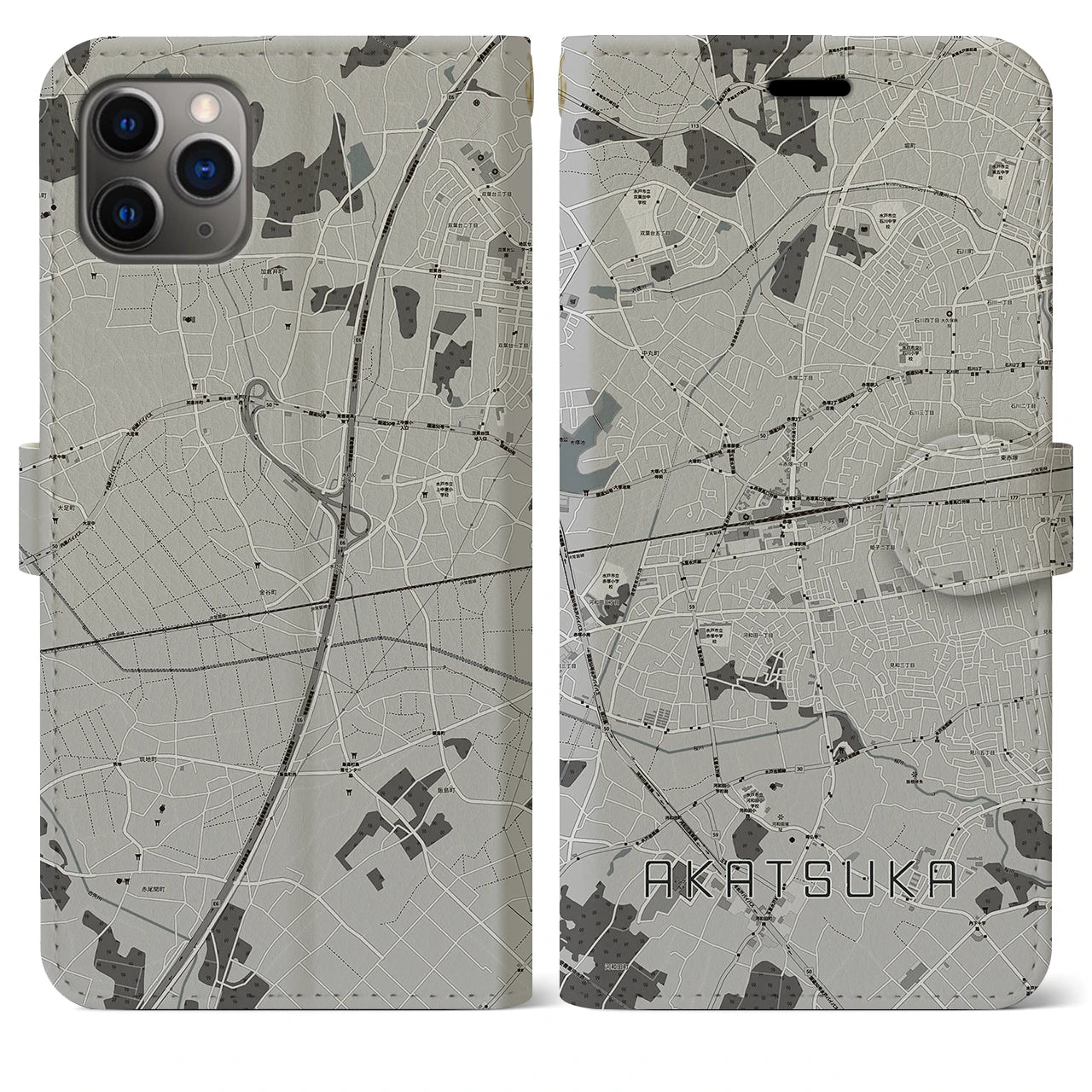 【赤塚(茨城県)】地図柄iPhoneケース(手帳タイプ)モノトーン・iPhone 11 Pro Max 用