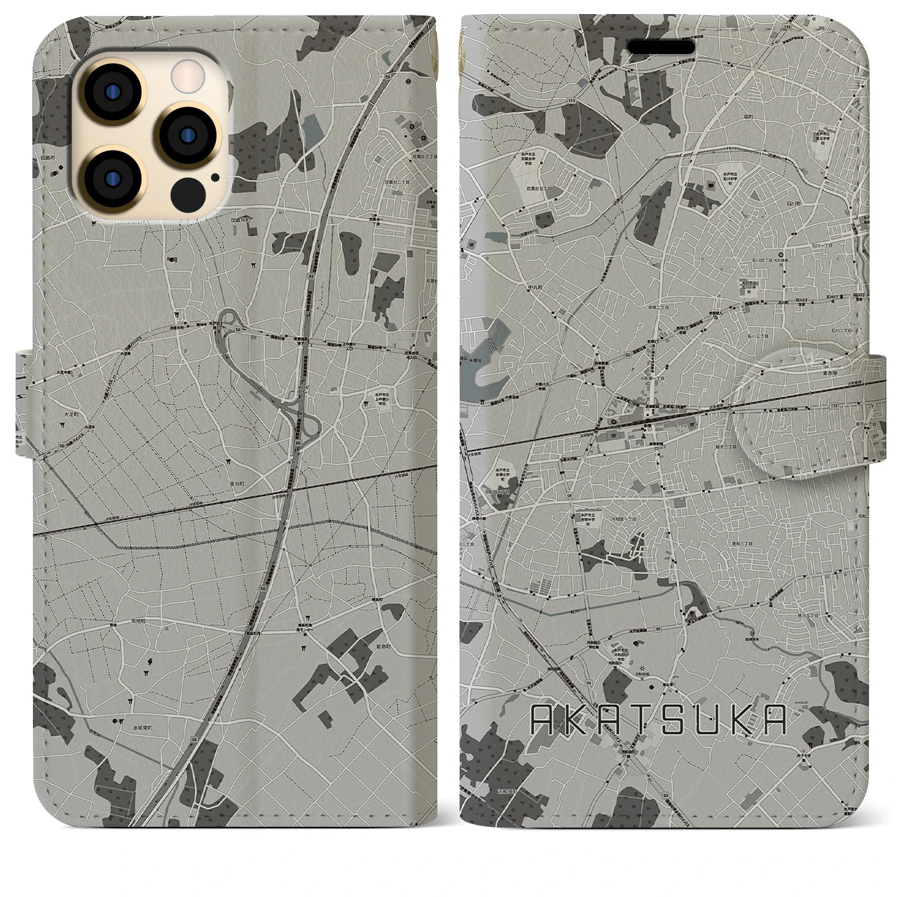 【赤塚(茨城県)】地図柄iPhoneケース(手帳タイプ)モノトーン・iPhone 12 Pro Max 用