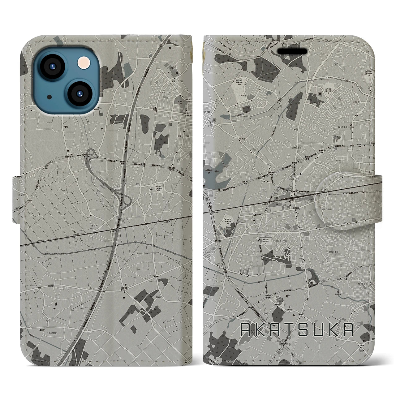 【赤塚(茨城県)】地図柄iPhoneケース(手帳タイプ)モノトーン・iPhone 13 用