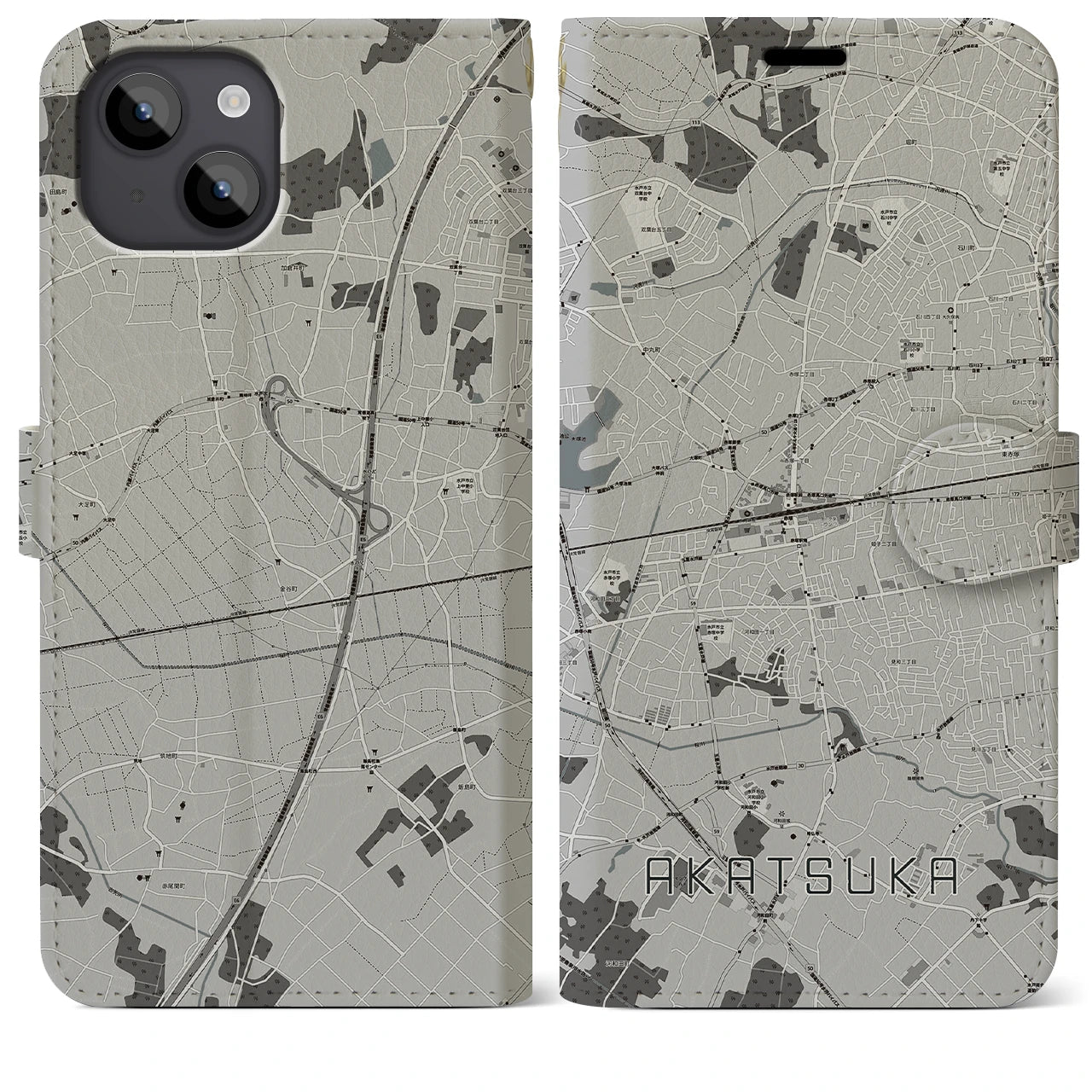 【赤塚(茨城県)】地図柄iPhoneケース(手帳タイプ)モノトーン・iPhone 14 Plus 用