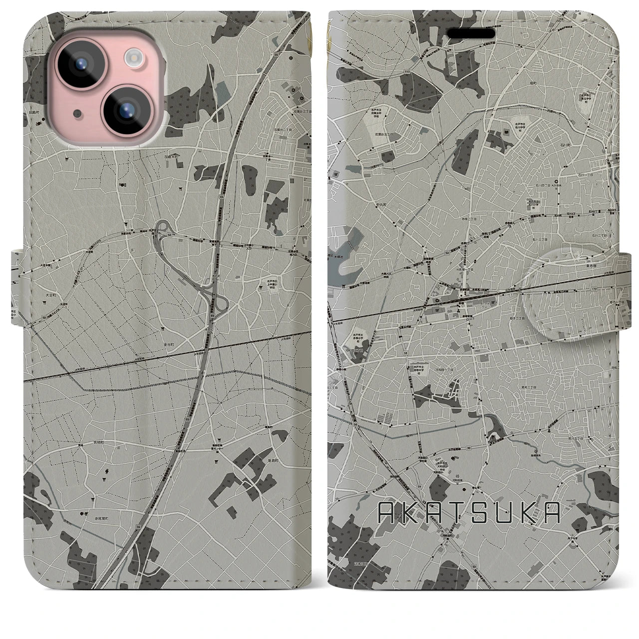 【赤塚(茨城県)】地図柄iPhoneケース(手帳タイプ)モノトーン・iPhone 15 Plus 用