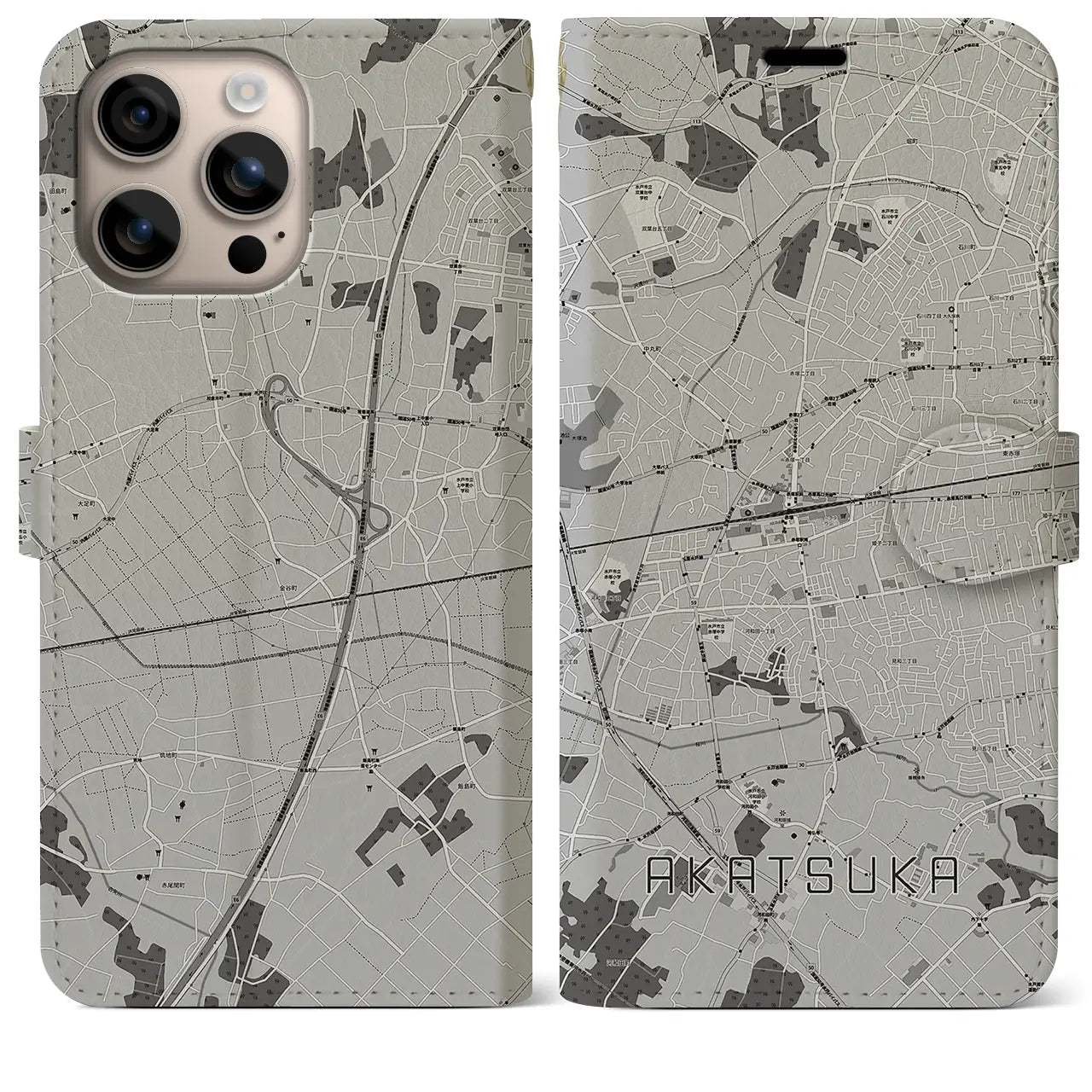 【赤塚(茨城県)】地図柄iPhoneケース(手帳タイプ)モノトーン・iPhone 16 Plus 用