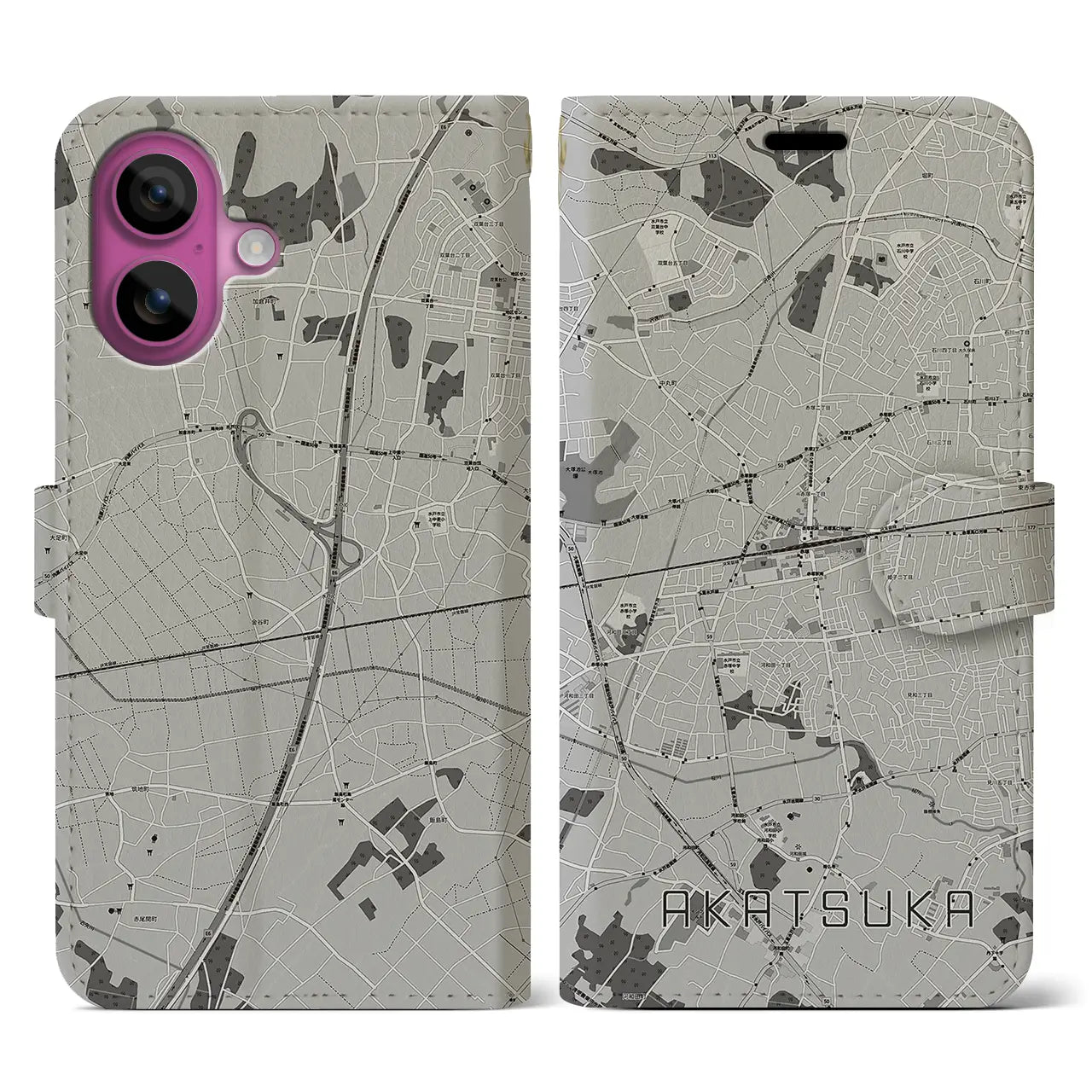 【赤塚(茨城県)】地図柄iPhoneケース(手帳タイプ)モノトーン・iPhone 16 Pro 用
