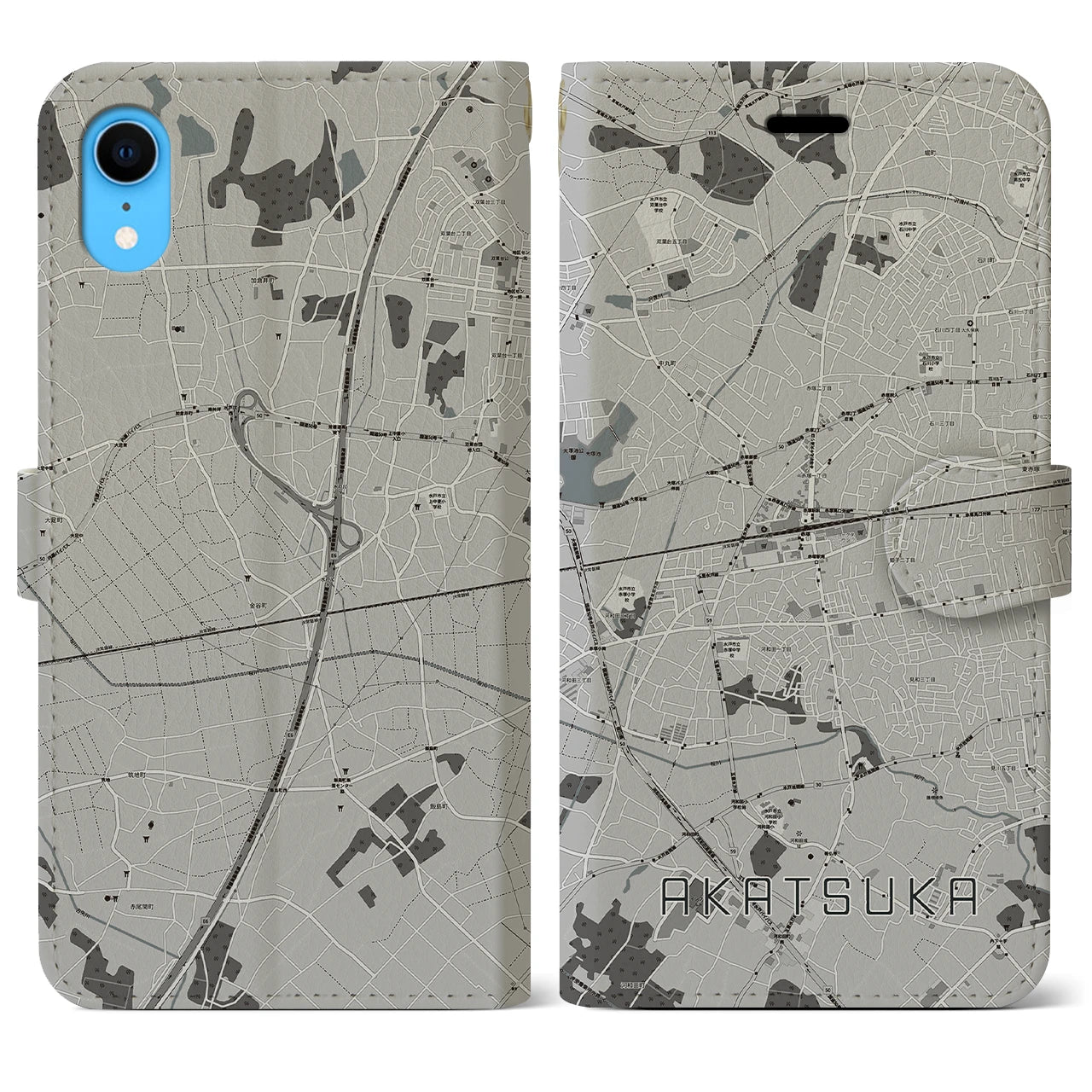 【赤塚(茨城県)】地図柄iPhoneケース(手帳タイプ)モノトーン・iPhone XR 用
