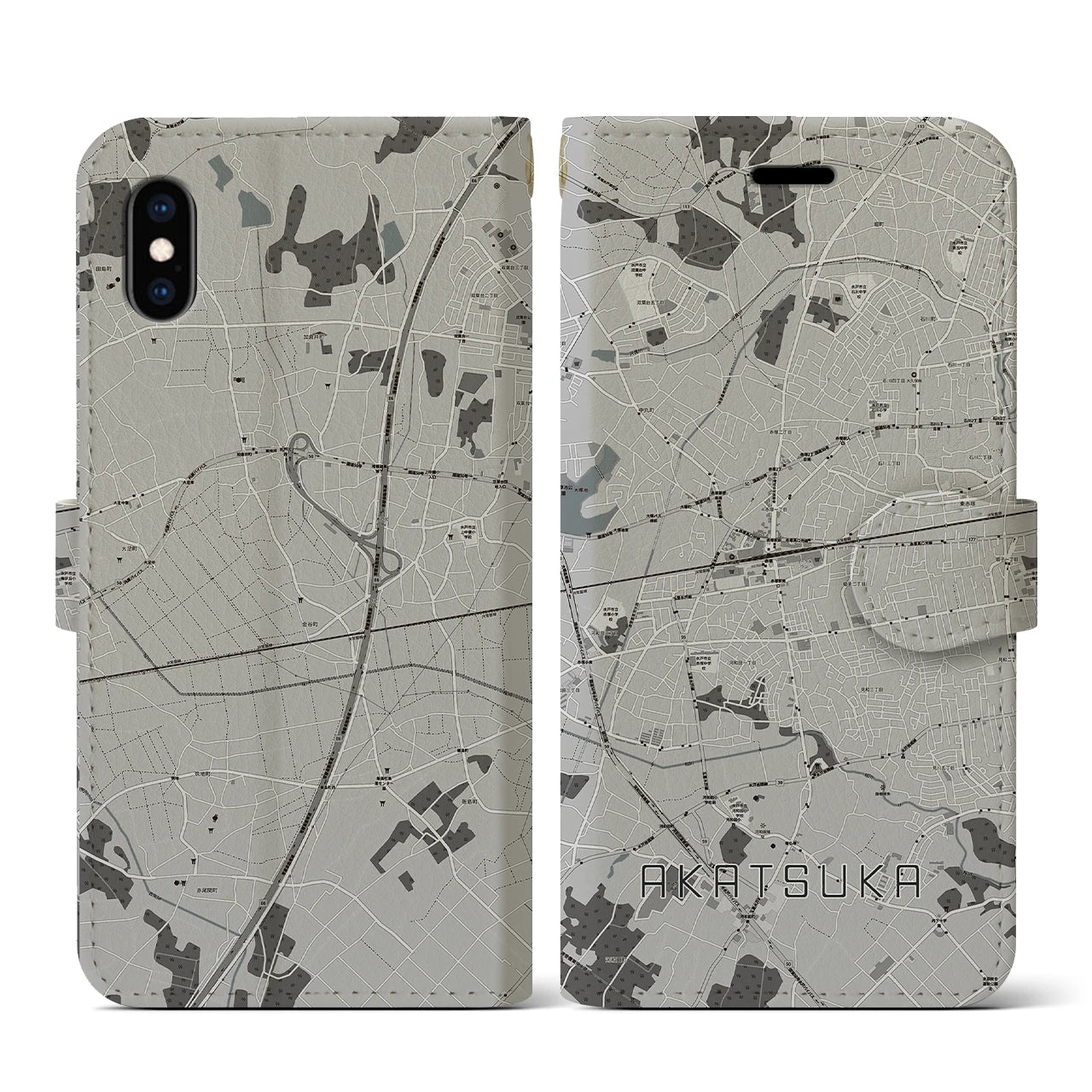 【赤塚(茨城県)】地図柄iPhoneケース(手帳タイプ)モノトーン・iPhone XS / X 用