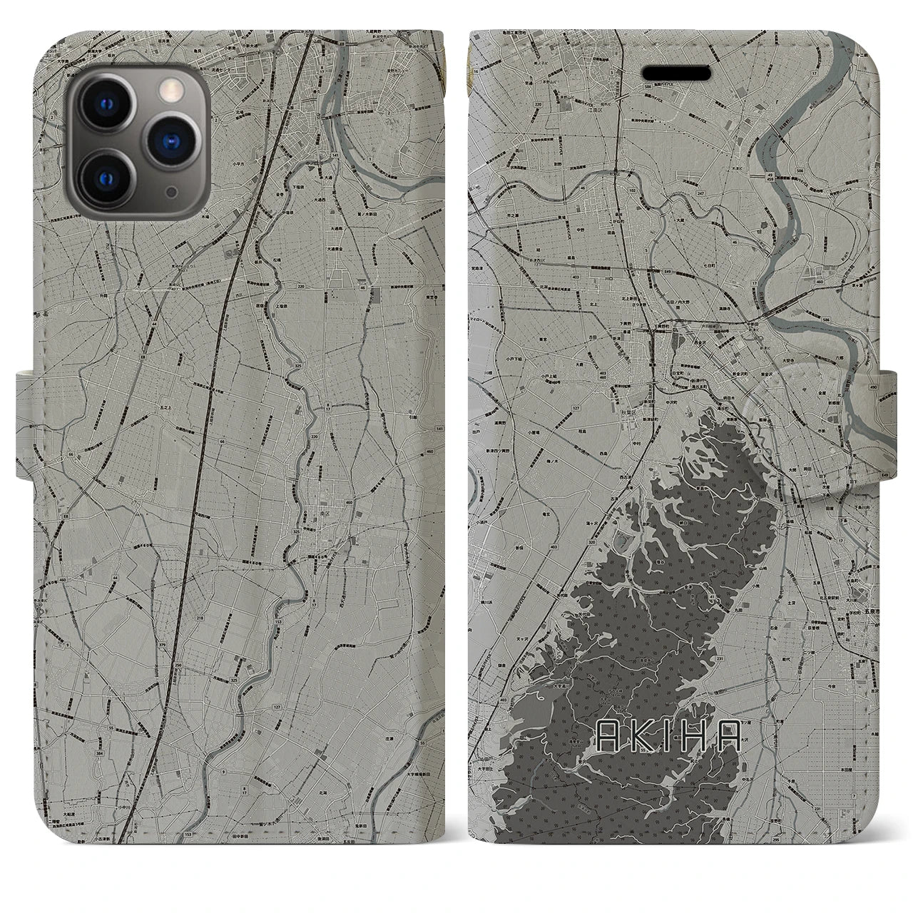 【秋葉(新潟県)】地図柄iPhoneケース(手帳タイプ)モノトーン・iPhone 11 Pro Max 用
