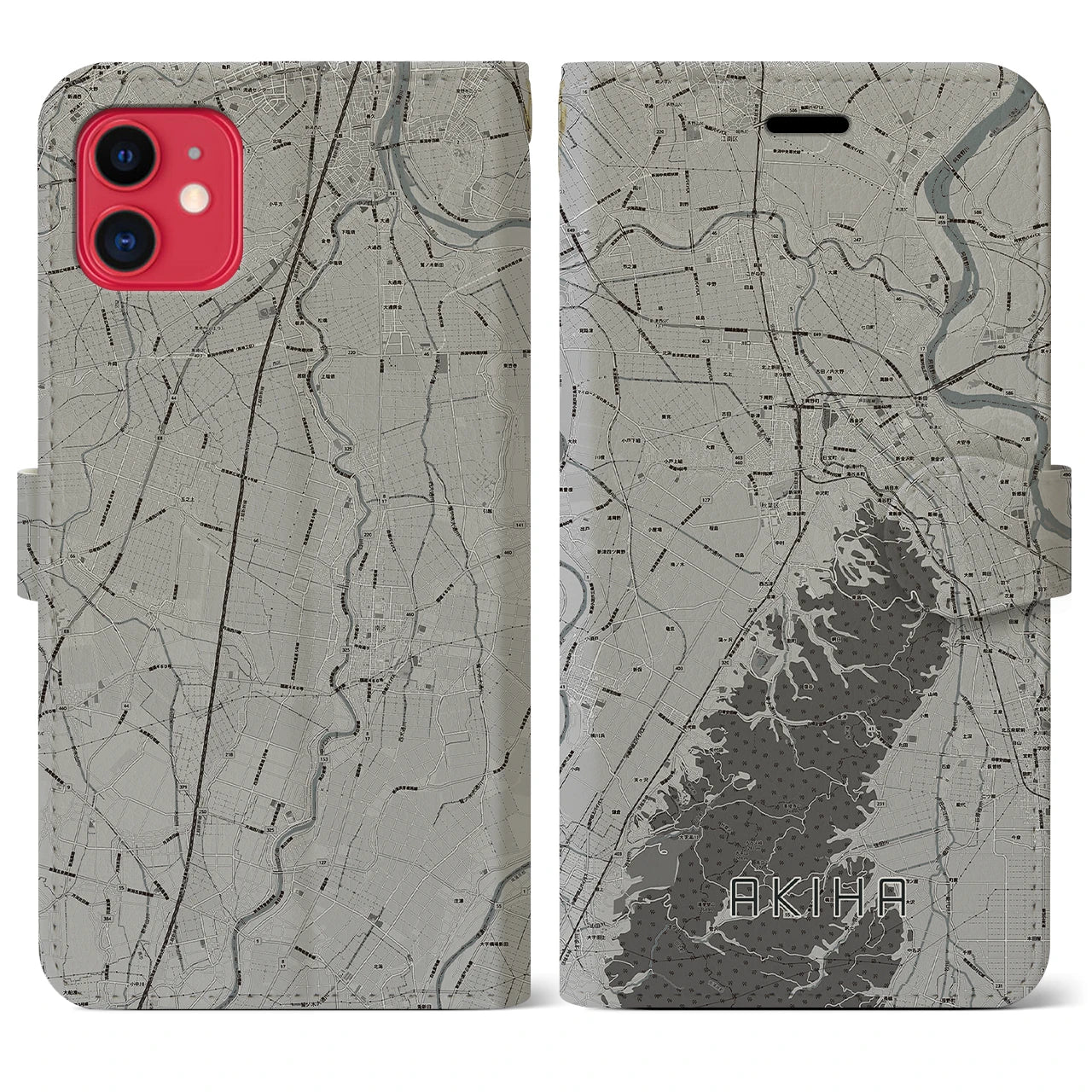 【秋葉(新潟県)】地図柄iPhoneケース(手帳タイプ)モノトーン・iPhone 11 用