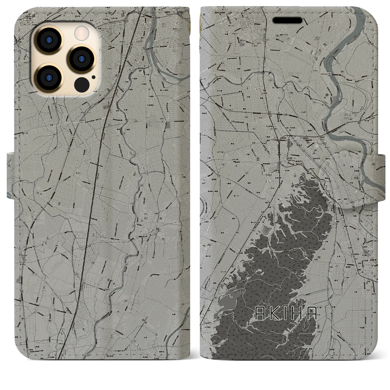 【秋葉(新潟県)】地図柄iPhoneケース(手帳タイプ)モノトーン・iPhone 12 Pro Max 用