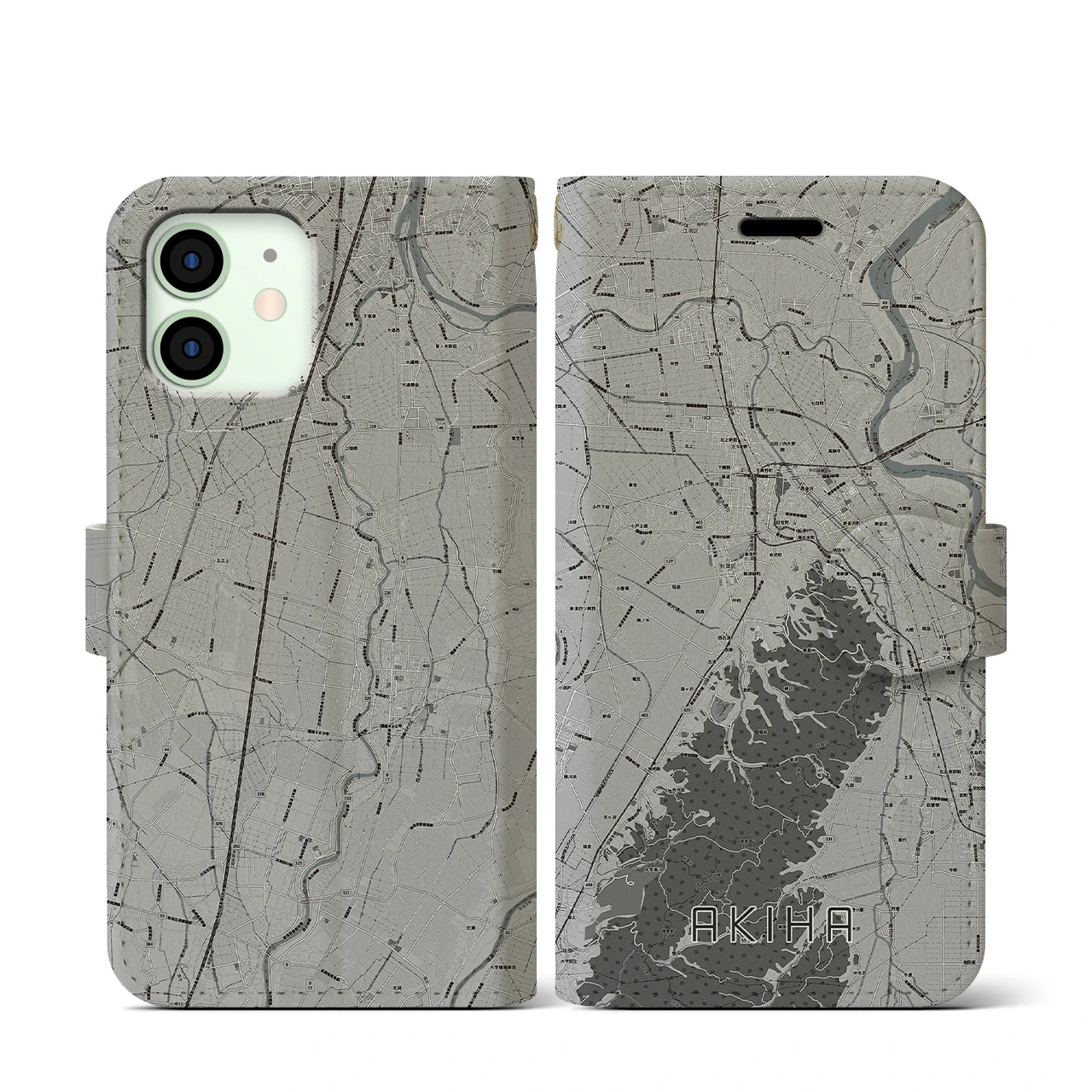 【秋葉(新潟県)】地図柄iPhoneケース(手帳タイプ)モノトーン・iPhone 12 mini 用