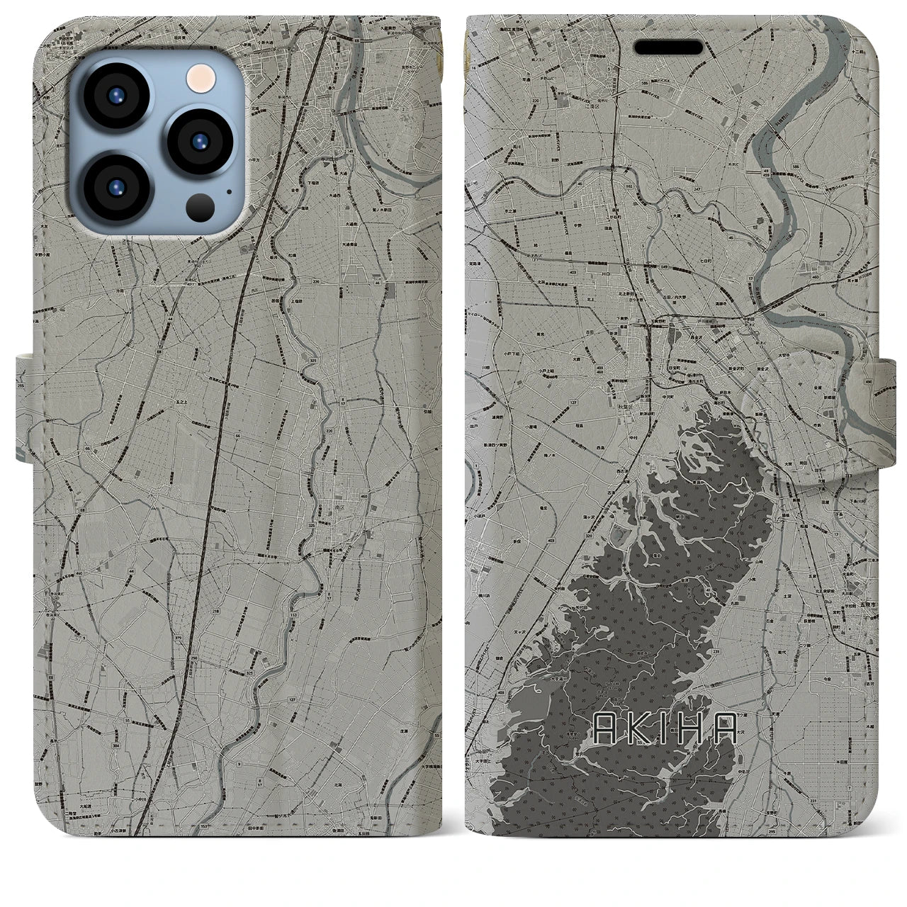 【秋葉(新潟県)】地図柄iPhoneケース(手帳タイプ)モノトーン・iPhone 13 Pro Max 用