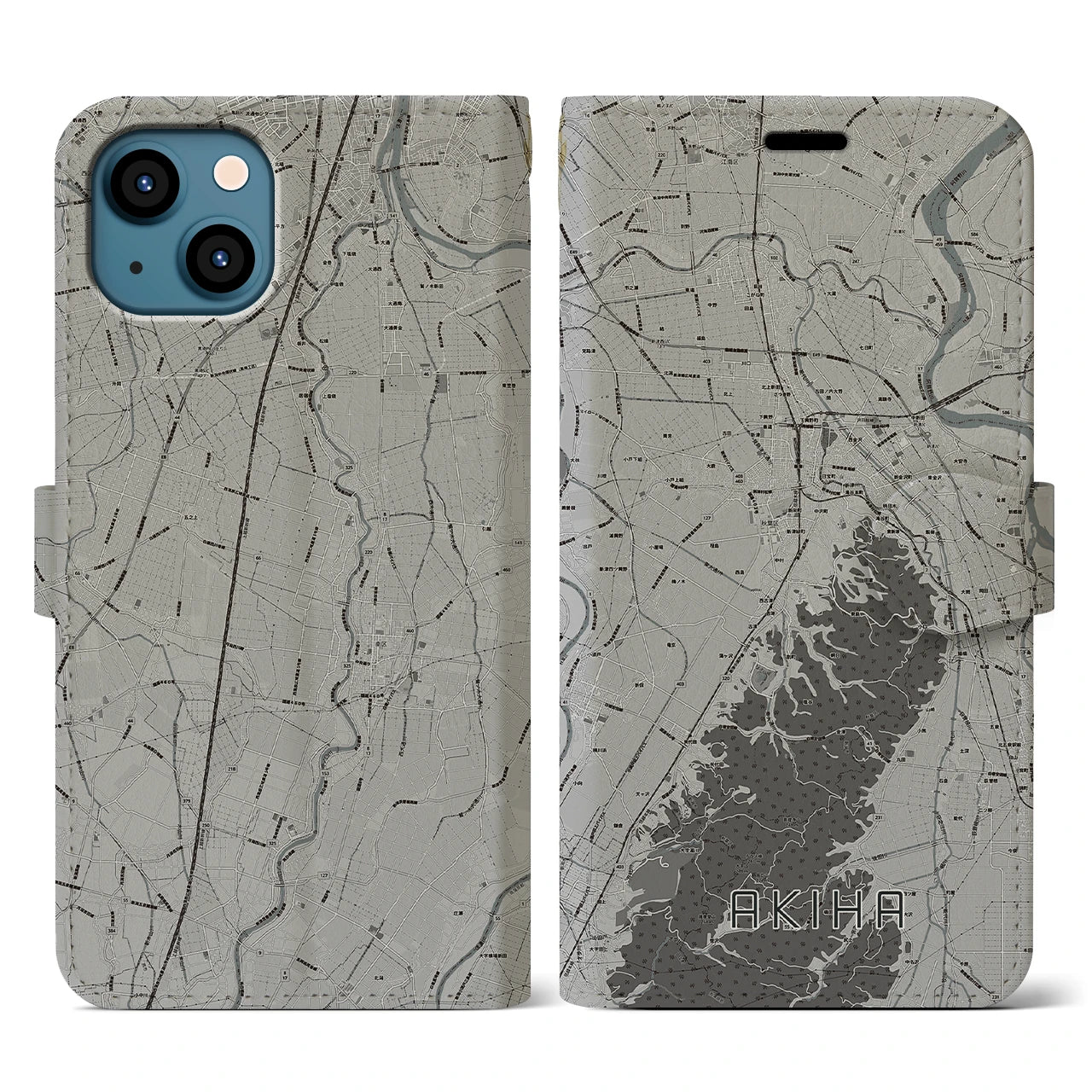 【秋葉(新潟県)】地図柄iPhoneケース(手帳タイプ)モノトーン・iPhone 13 用