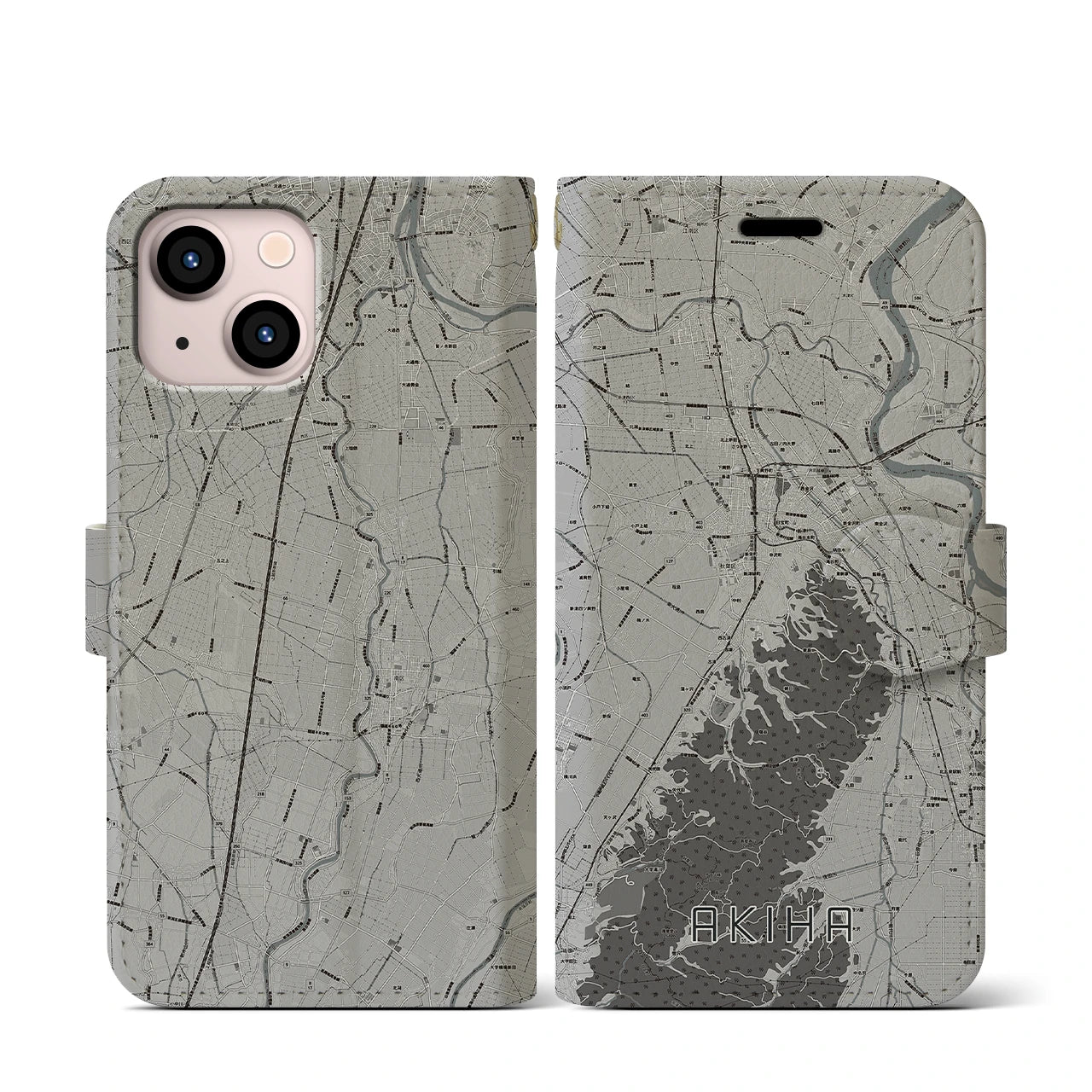 【秋葉(新潟県)】地図柄iPhoneケース(手帳タイプ)モノトーン・iPhone 13 mini 用