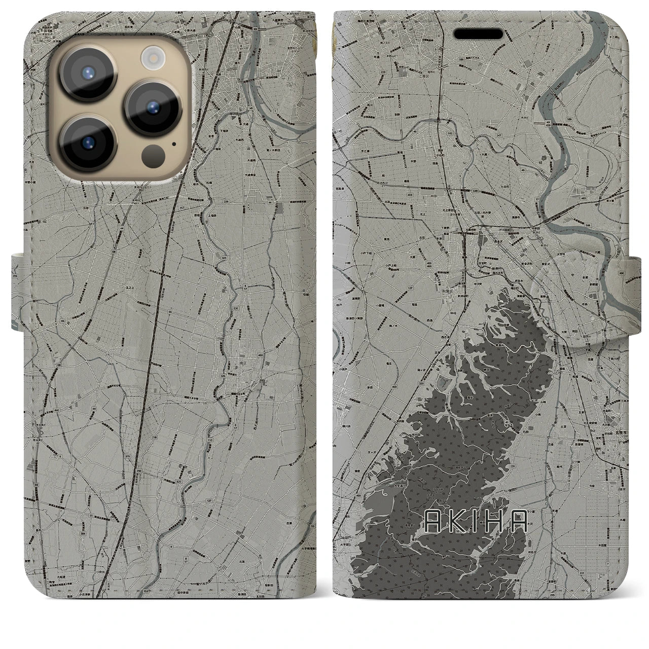 【秋葉(新潟県)】地図柄iPhoneケース(手帳タイプ)モノトーン・iPhone 14 Pro Max 用