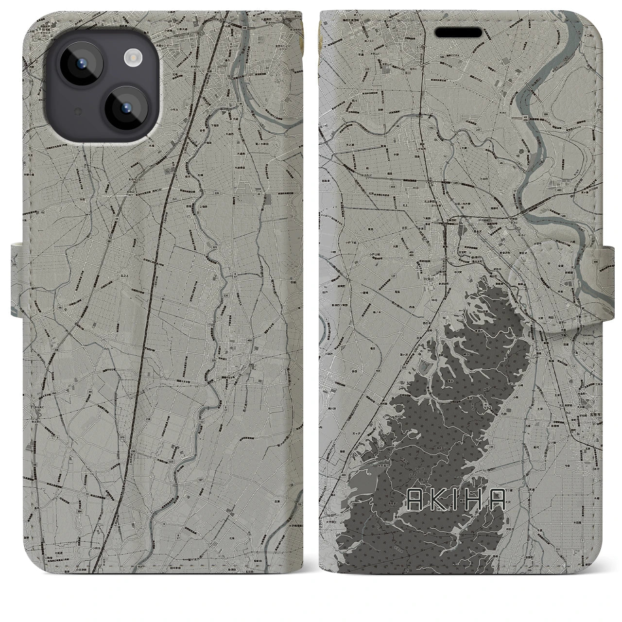【秋葉(新潟県)】地図柄iPhoneケース(手帳タイプ)モノトーン・iPhone 14 Plus 用